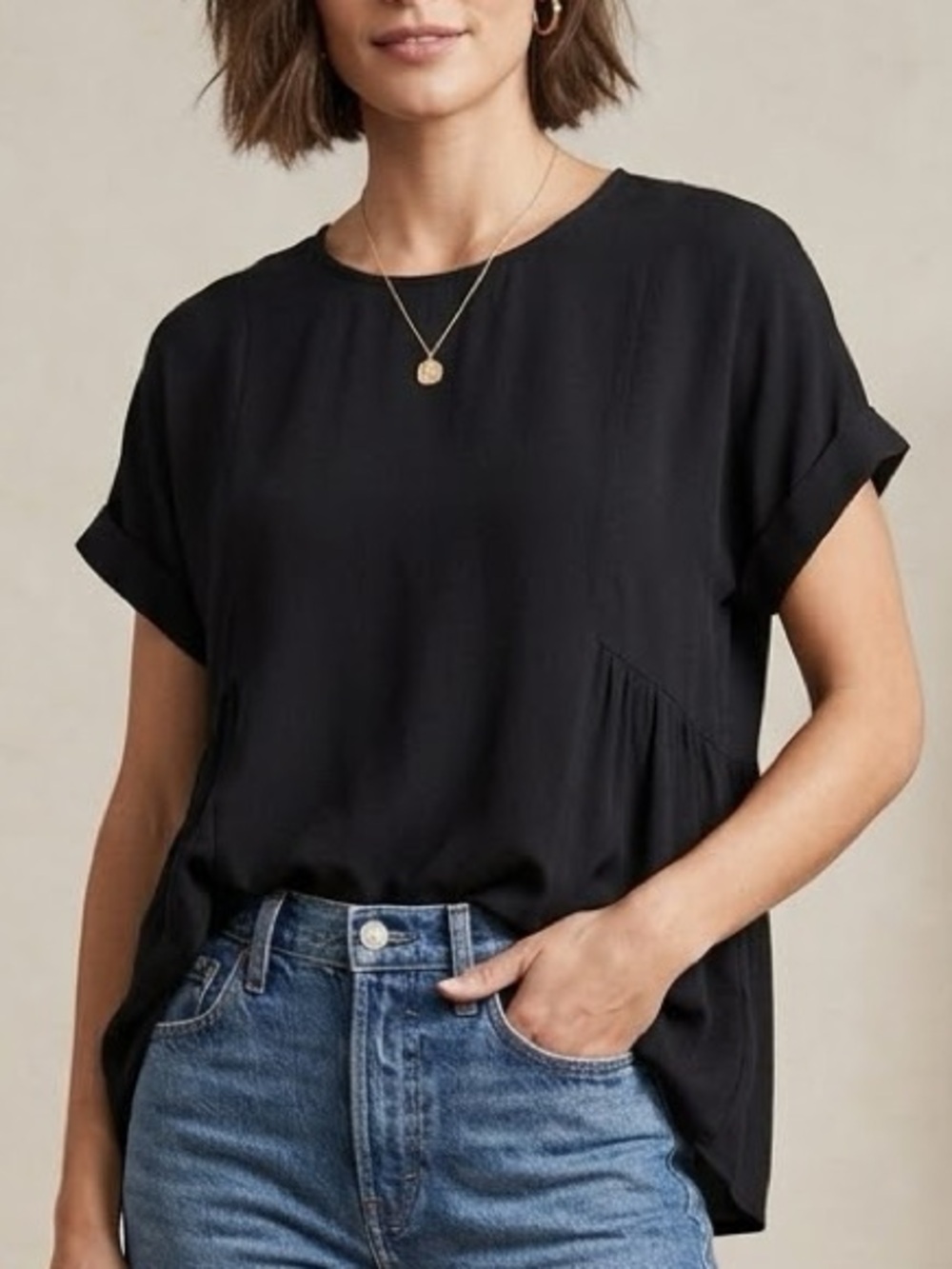Madewell Cuffed-Sleeve Shirred Top in Black - Size M
